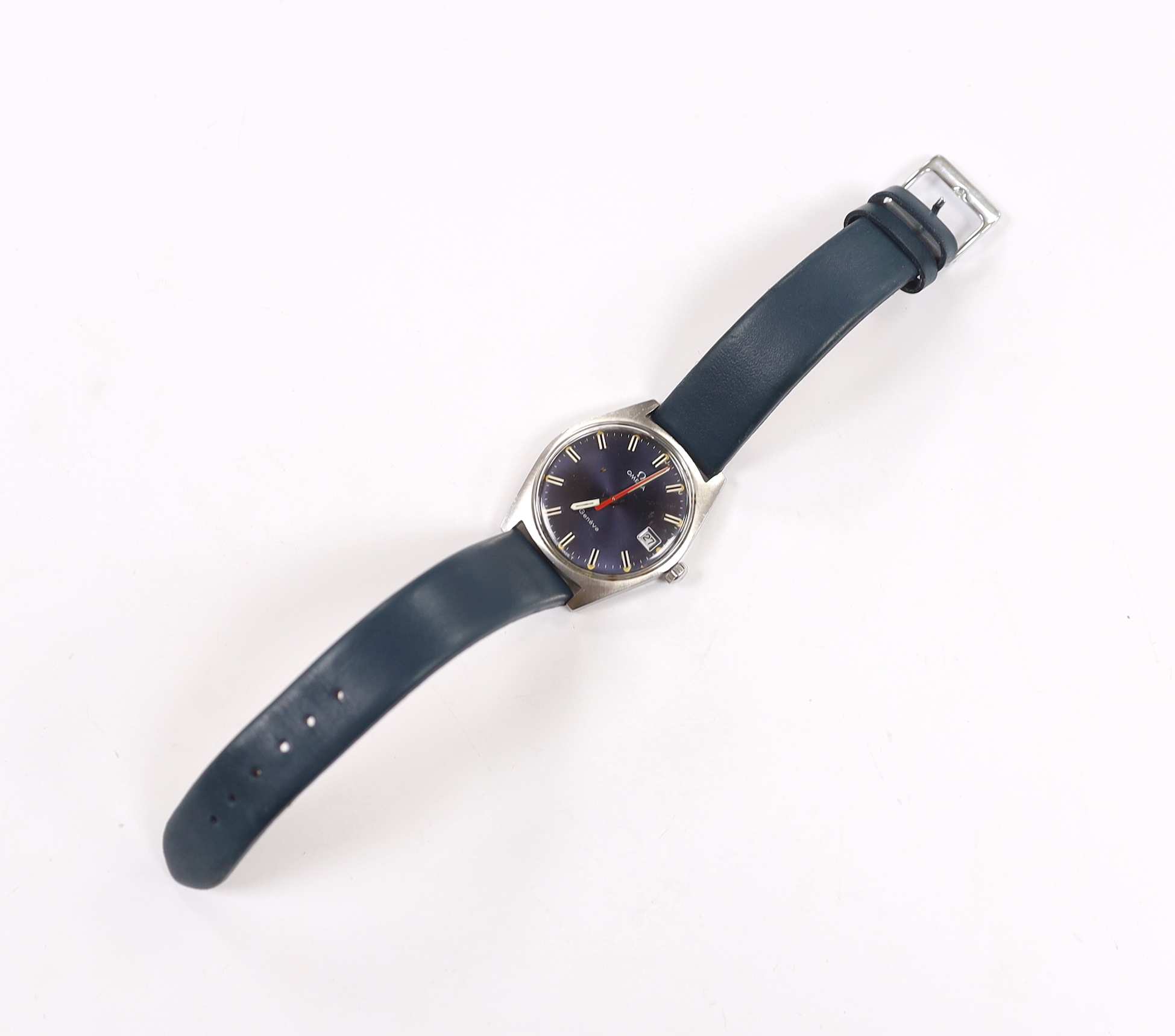 A gentleman's late 1960's stainless steel Omega manual wind wrist watch, with blue dial and red sweep seconds hand, movement c.618, on an associated strap.